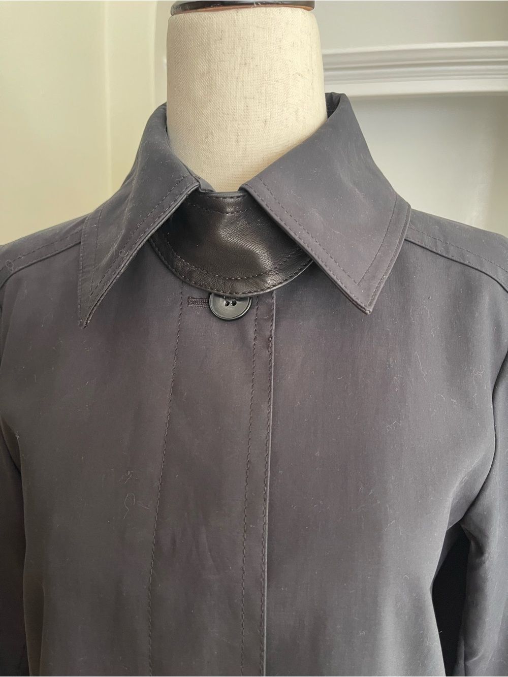 Theory Black Trench Coat P Petite Cotton Leather Trim Minimalist Designer Coat - Picture 3 of 11